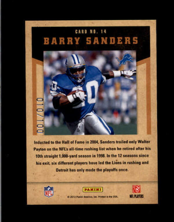 BARRY SANDERS 2012 PLAYOFF CONTENDERS #14 LEGENDARY GOLD FOIL #010/100 BD1039